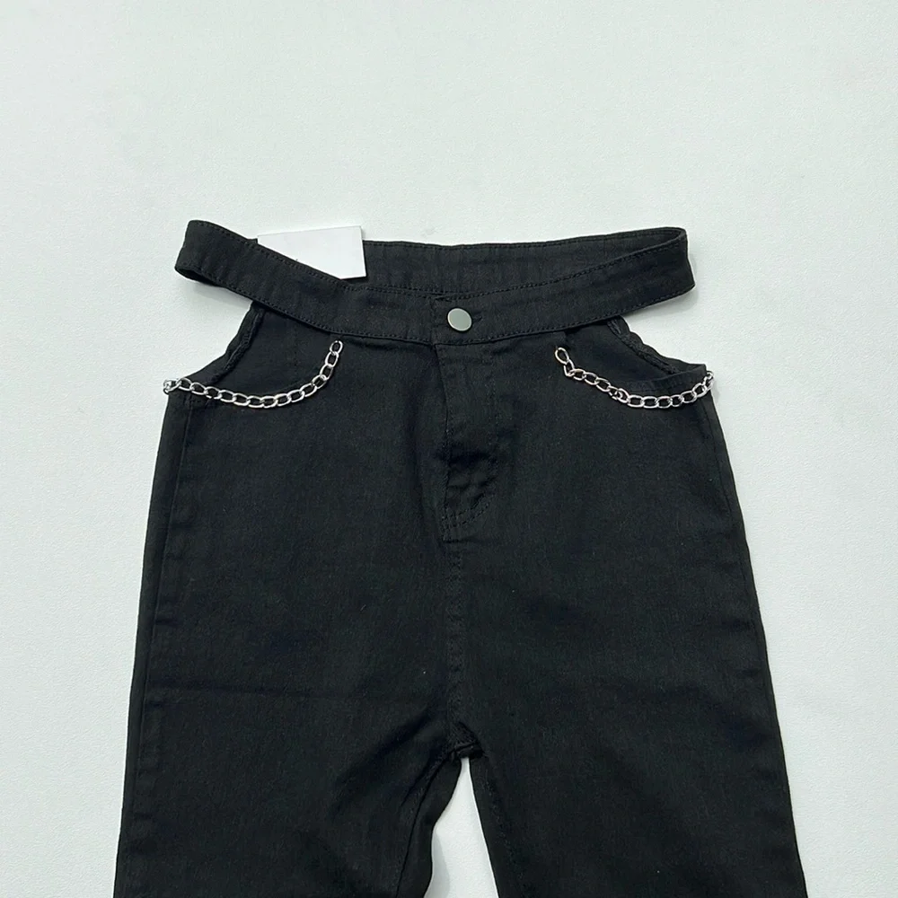 NWT women’s jeans cut out chain flare dark edgy steampunk festival‎ black